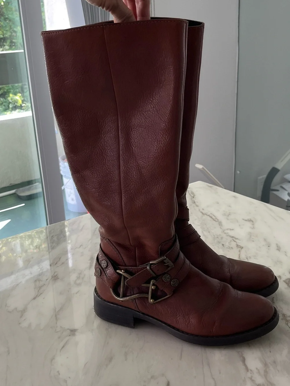 Gabor Chestnut Brown Leather Under-the-Knee Boots with Buckle Straps
